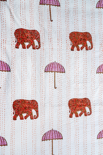 Orange Elephant Umbrella Block Printed Kantha Bedcover