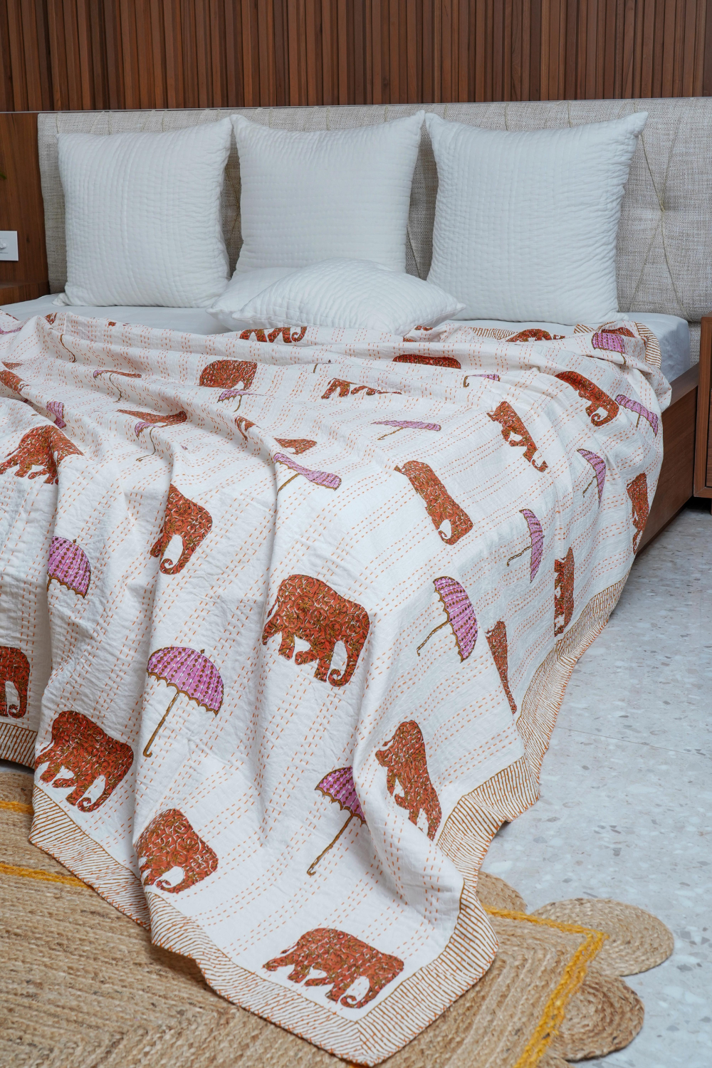 Orange Elephant Umbrella Block Printed Kantha Bedcover