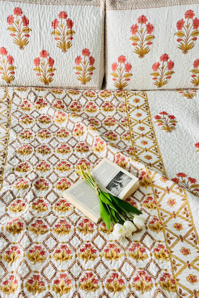 Gul Handblock Printed Quilted Bedcover