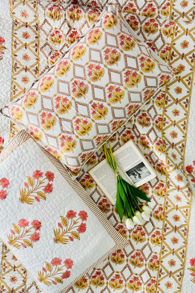 Gul Handblock Printed Quilted Bedcover