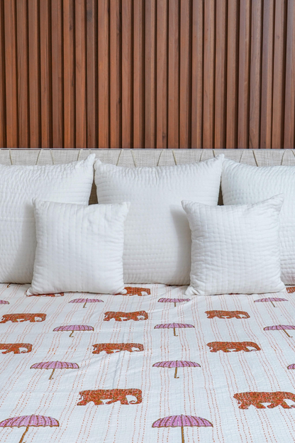 Orange Elephant Umbrella Block Printed Kantha Bedcover