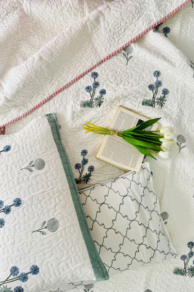 Blue Dandelion Handblock Printed Quilted Bedcover