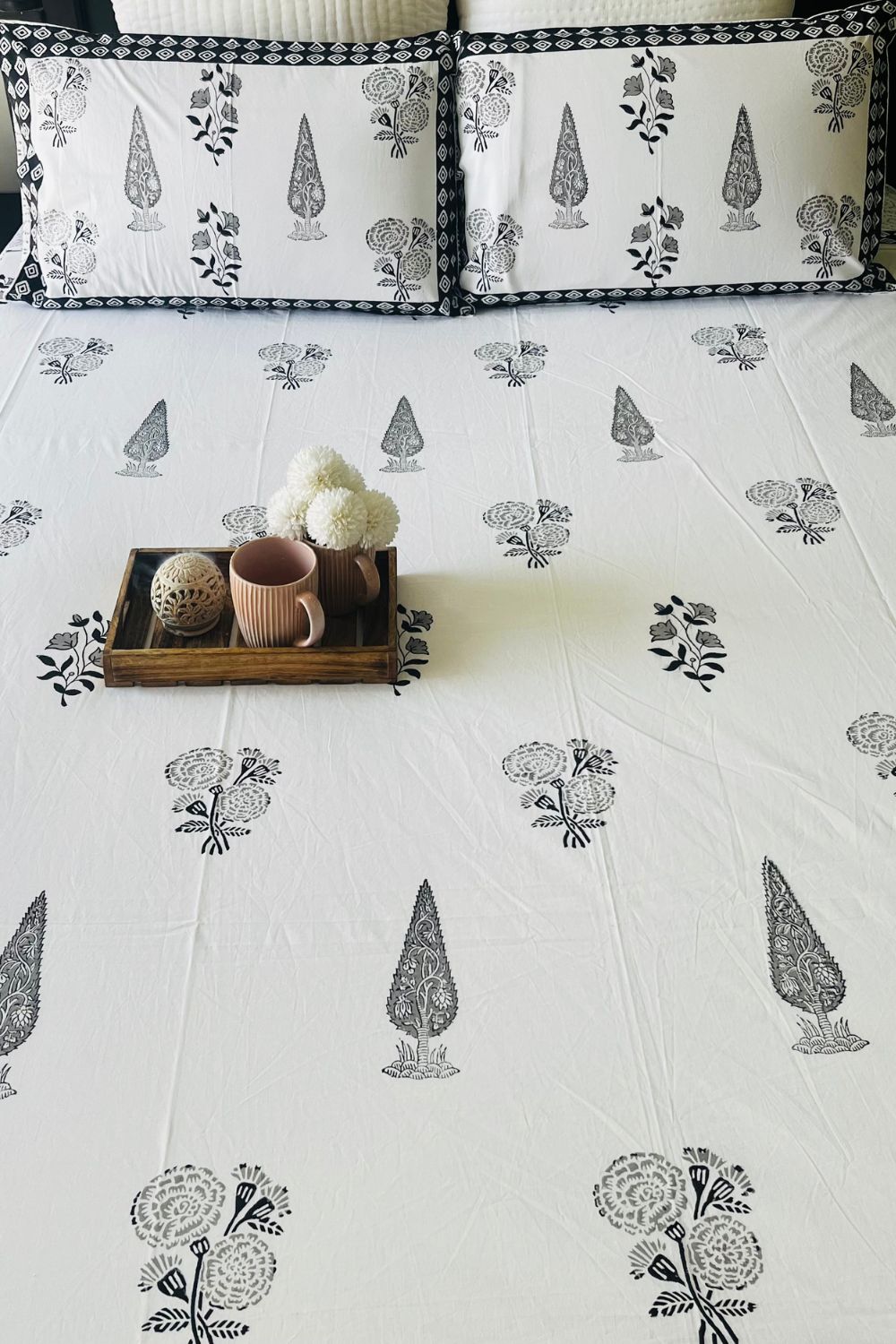 Black Cyprus Hand Block Printed Cotton Bedsheet