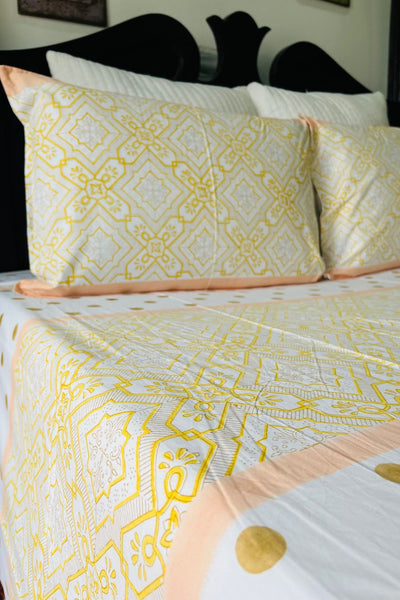 Yellow Moroccan Hand Block Printed Cotton Bedsheet