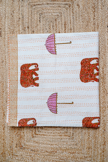 Orange Elephant Umbrella Block Printed Kantha Bedcover