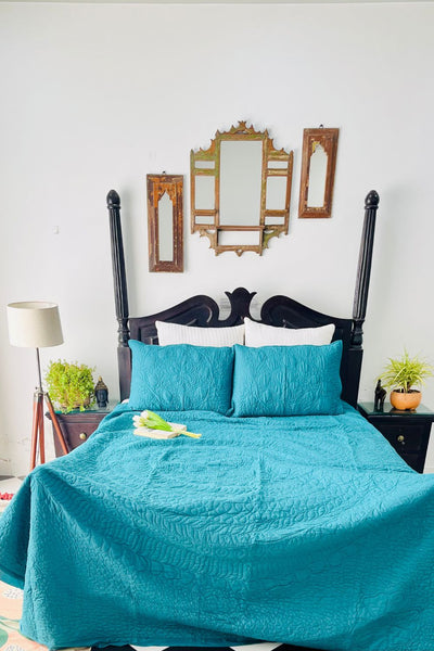 Teal Blue Solid Quilted Bedcover