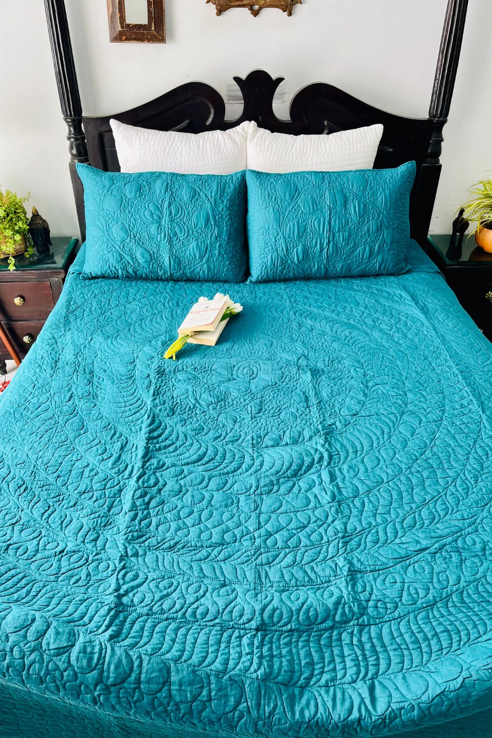 Teal Blue Solid Quilted Bedcover