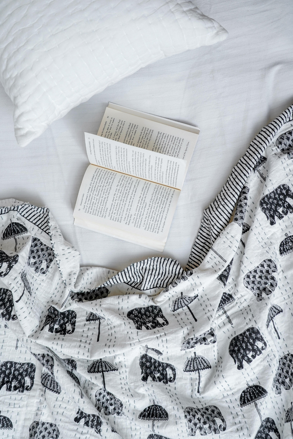 Black Elephant Umbrella Block Printed Kantha Bedcover