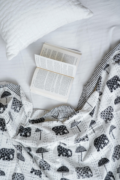 Black Elephant Umbrella Block Printed Kantha Bedcover