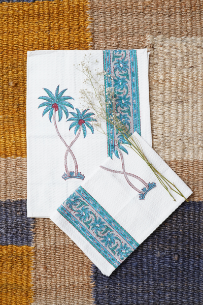 Palm Tree Hand Block Printed Tea Towel (Set of 2)
