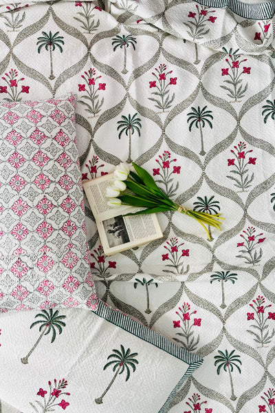 Palm Jaal Handblock Printed Jacquard Bedcover