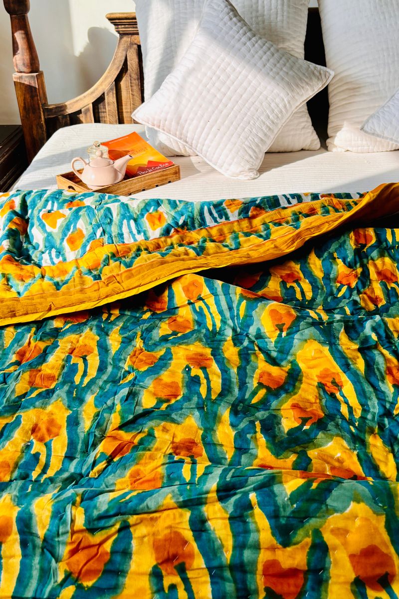 Yellow Tulip  Block Print Reversible Quilt