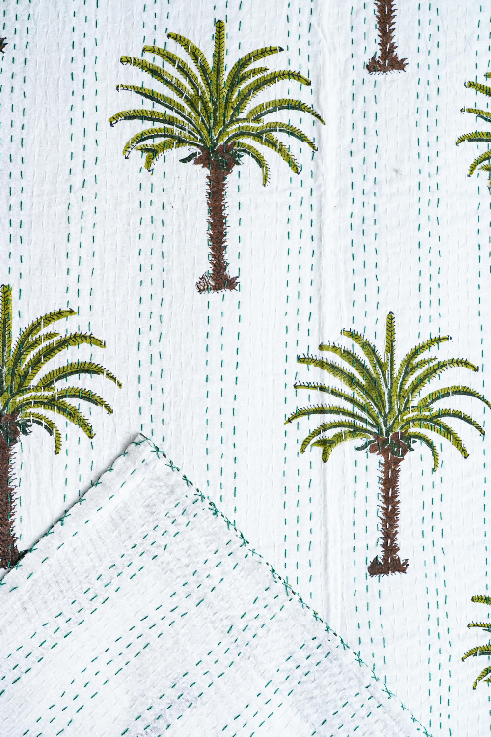 Palm Tree Block Printed Kantha Bedcover