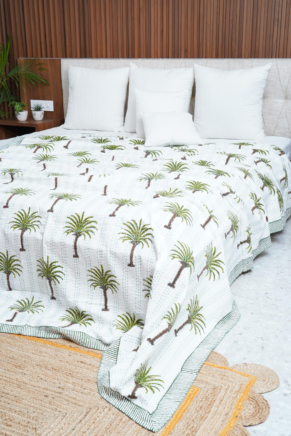 Palm Tree Block Printed Kantha Bedcover