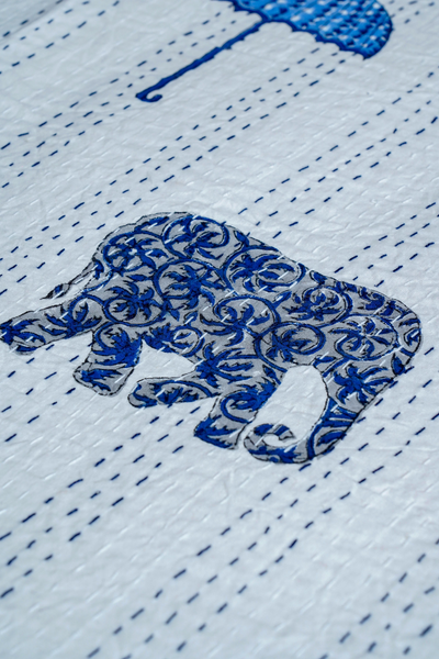 Blue Elephant Umbrella Block Printed Kantha Bedcover