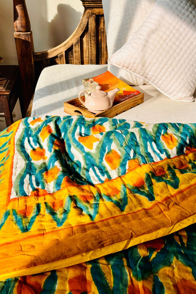 Yellow Tulip  Block Print Reversible Quilt