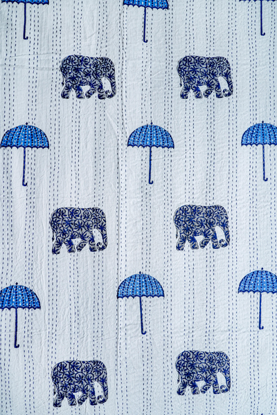 Blue Elephant Umbrella Block Printed Kantha Bedcover
