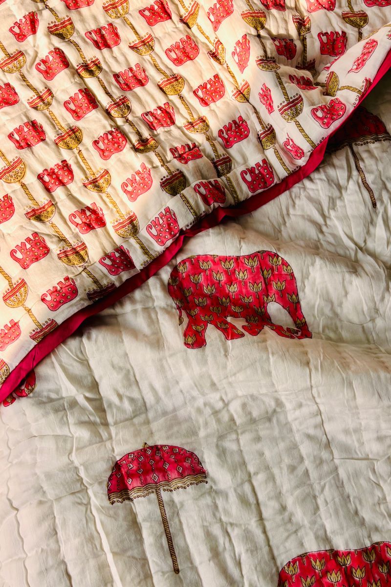 Hathi Chatri Hand Block Print Reversible Quilt