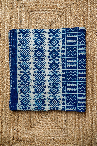 Tribal Indigo Block Printed Kantha Bedcover