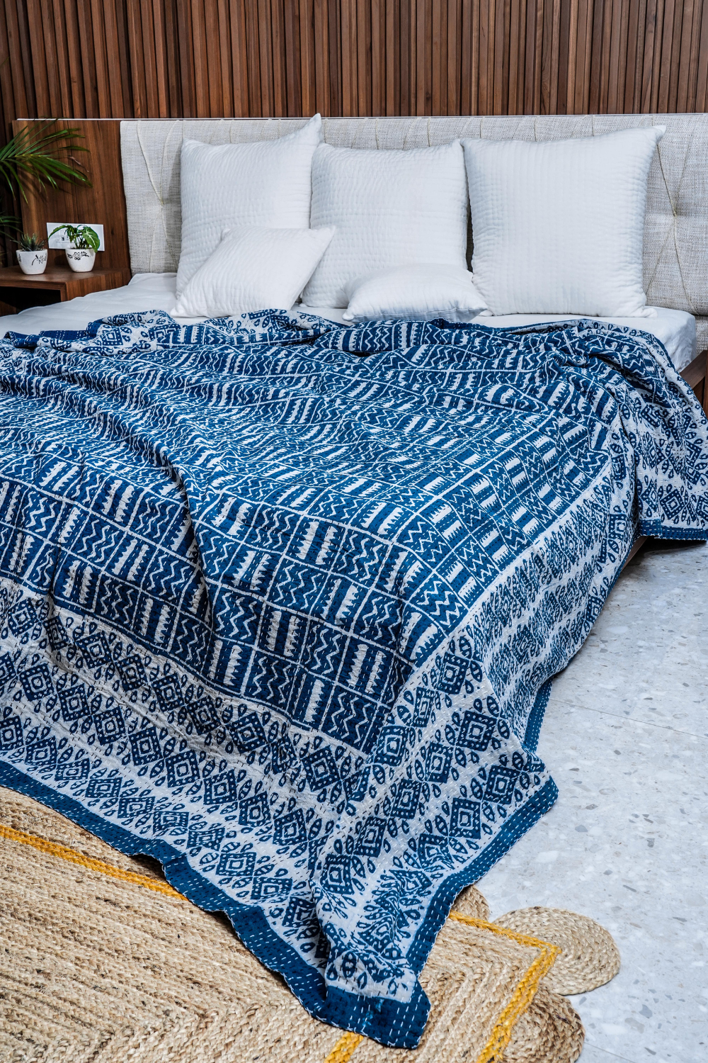 Tribal Indigo Block Printed Kantha Bedcover