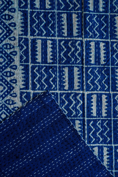 Tribal Indigo Block Printed Kantha Bedcover