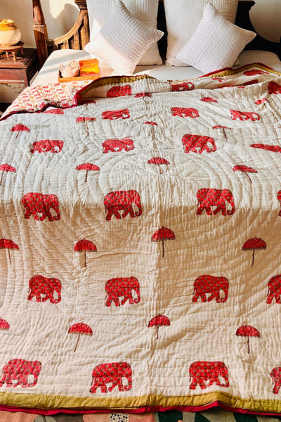 Hathi Chatri Hand Block Print Reversible Quilt