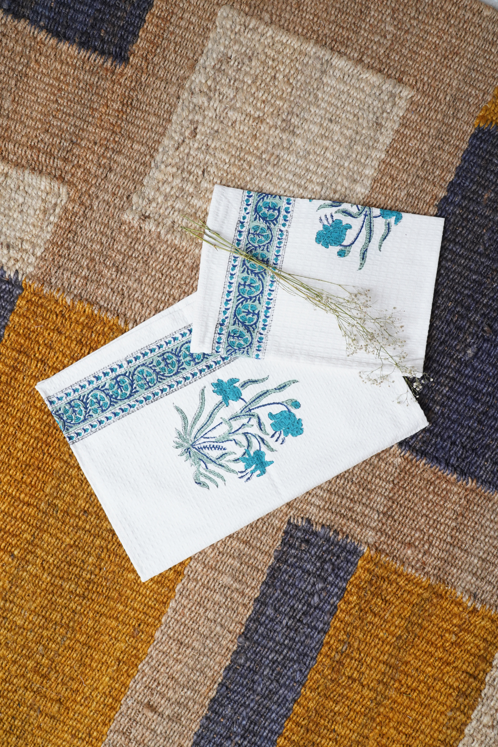 Blue Iris Hand Block Printed Tea Towel (Set of 2)