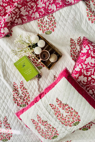 Blossom Handblock Printed Reversible Quilted Bedcover