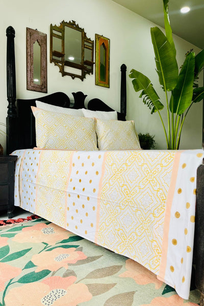 Yellow Moroccan Hand Block Printed Cotton Bedsheet