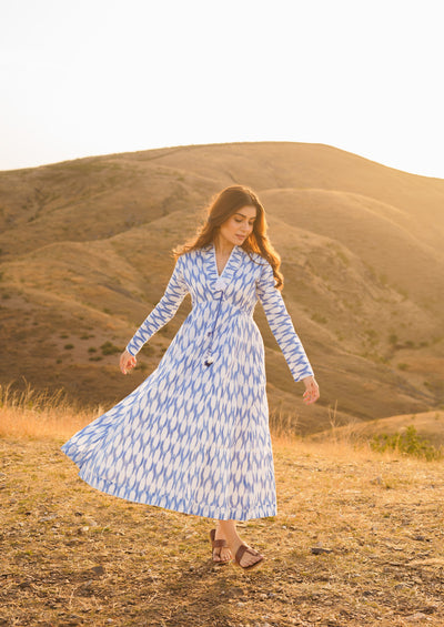 Afreen Blue Ikkat Cotton Maxi Dress