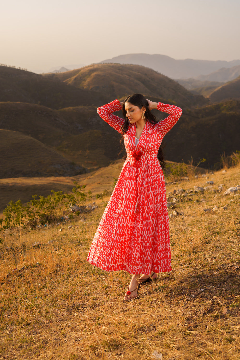 Afreen Red Ikkat Cotton Maxi Dress