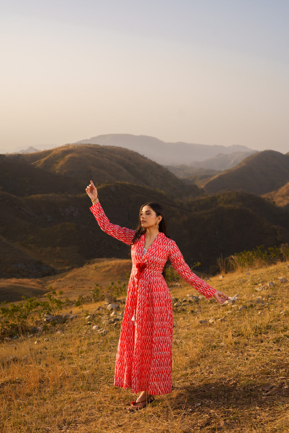 Afreen Red Ikkat Cotton Maxi Dress