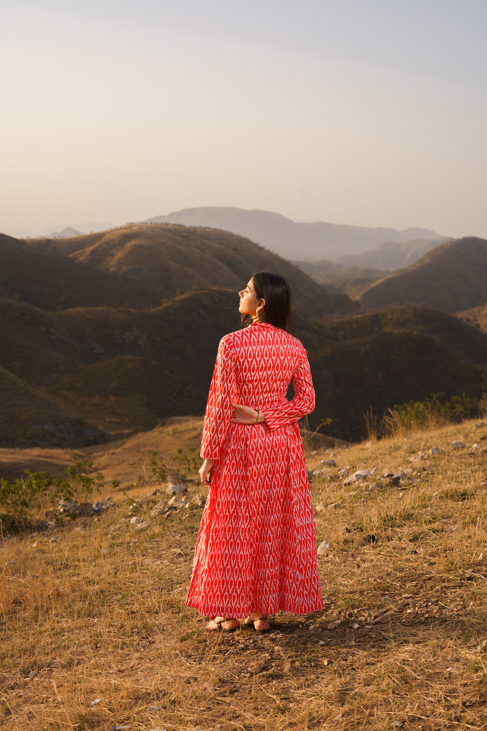 Afreen Red Ikkat Cotton Maxi Dress