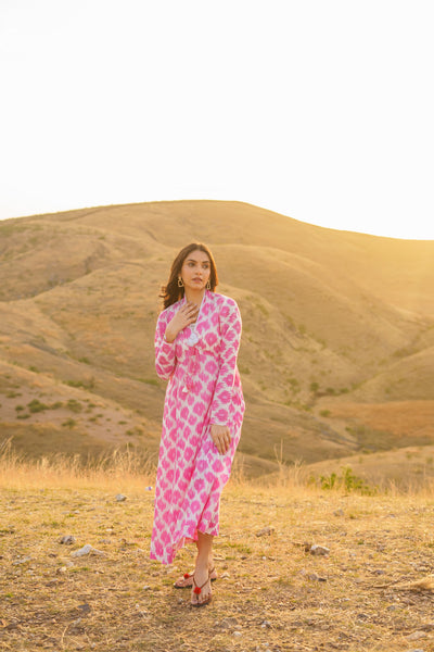 Afreen Pink Ikkat Print Cotton Maxi Dress