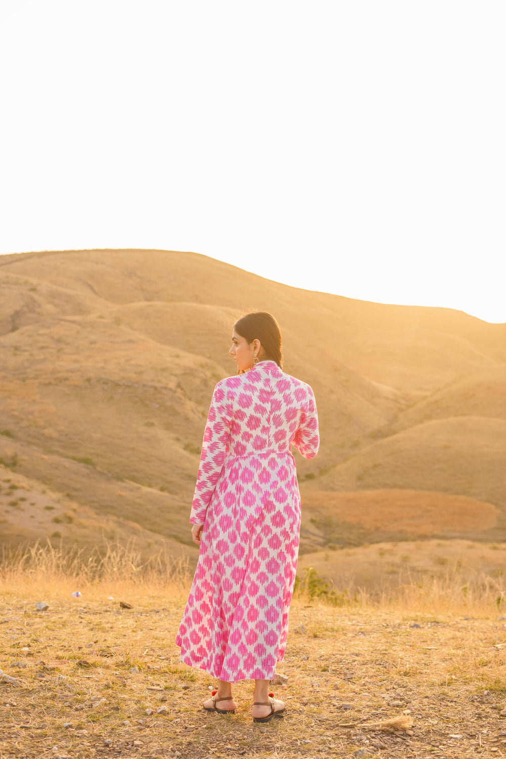 Afreen Pink Ikkat Print Cotton Maxi Dress