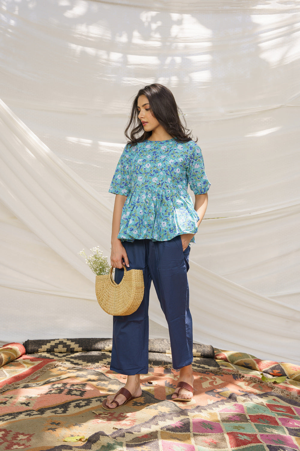 Peplum Blue Cotton Block Print Top