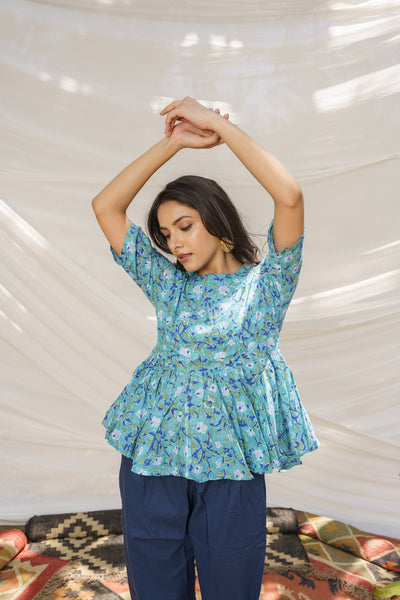 Peplum Blue Cotton Block Print Top