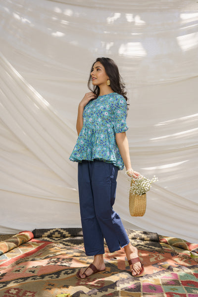 Peplum Blue Cotton Block Print Top