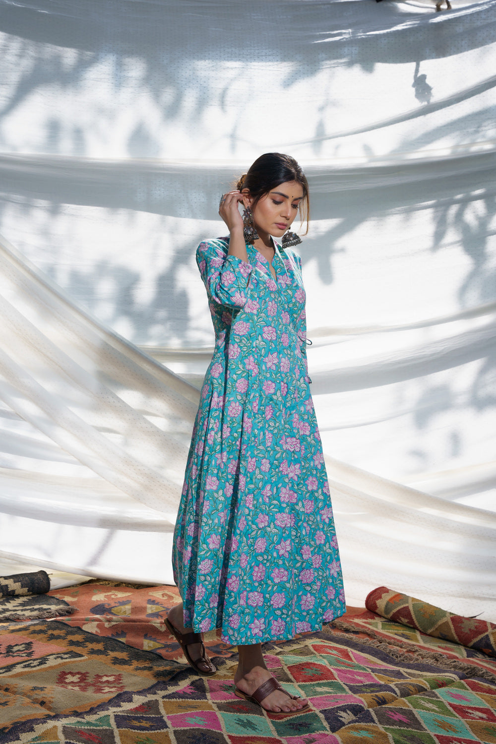 Cyan Anarkali Cotton Block Print Wrap Dress