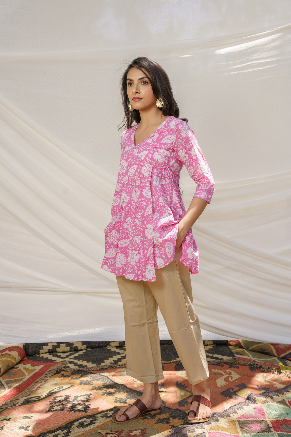 Angrakha Pink Cotton Block Print Top