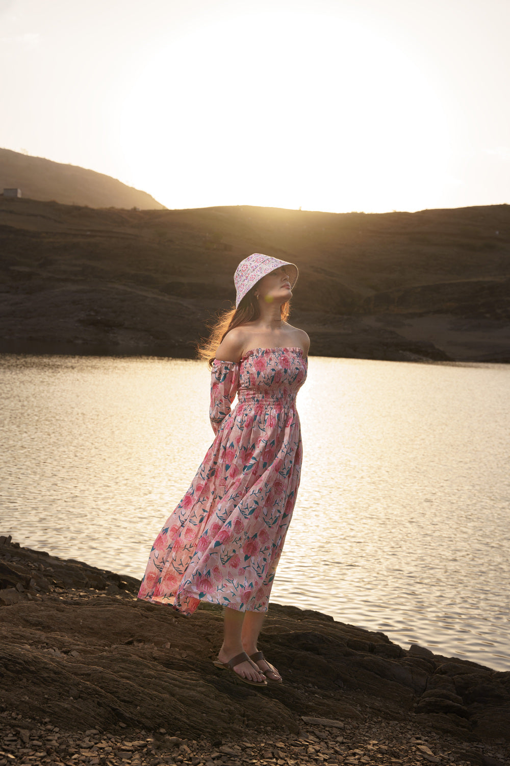 Pink Smoking Off Shoulder Cotton Block Print Dress