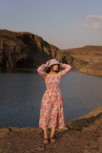 Pink Smoking Off Shoulder Cotton Block Print Dress