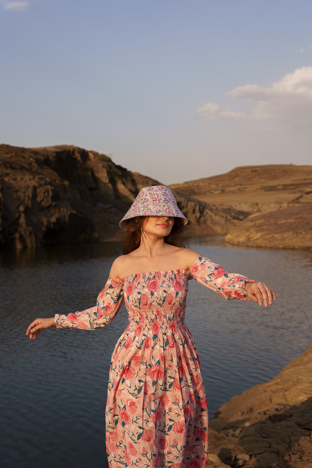 Pink Smoking Off Shoulder Cotton Block Print Dress