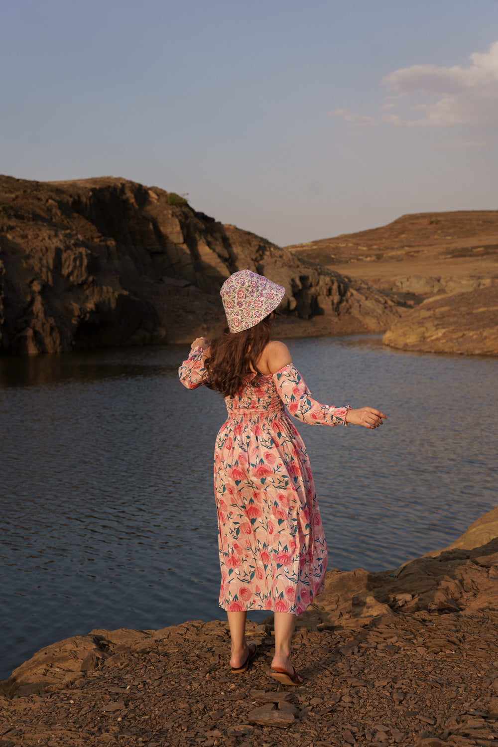 Pink Smoking Off Shoulder Cotton Block Print Dress