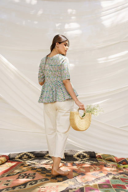 Peplum Sage Green Cotton Block Print Top