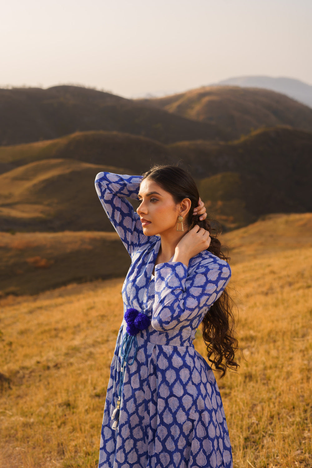 Sufiana Blue Cotton Hand Block Print Maxi Dress