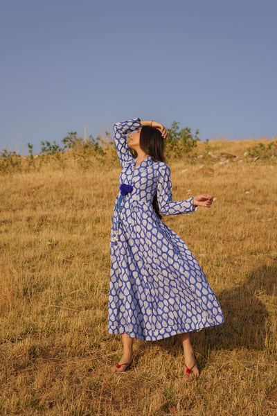 Sufiana Blue Cotton Hand Block Print Maxi Dress