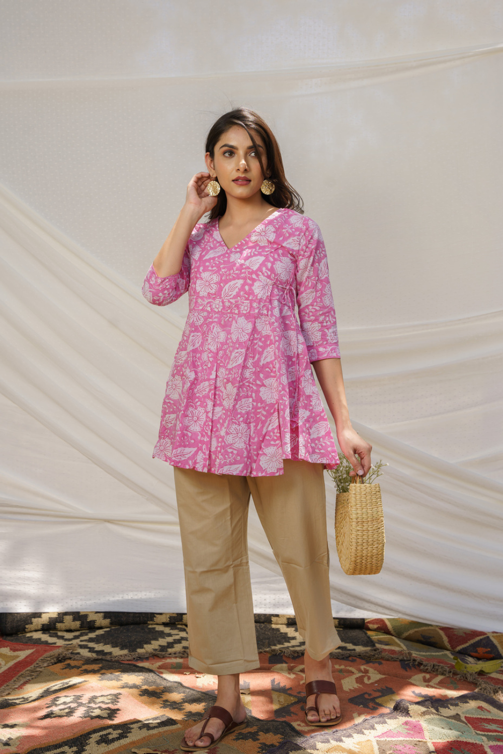 Angrakha Pink Cotton Block Print Top