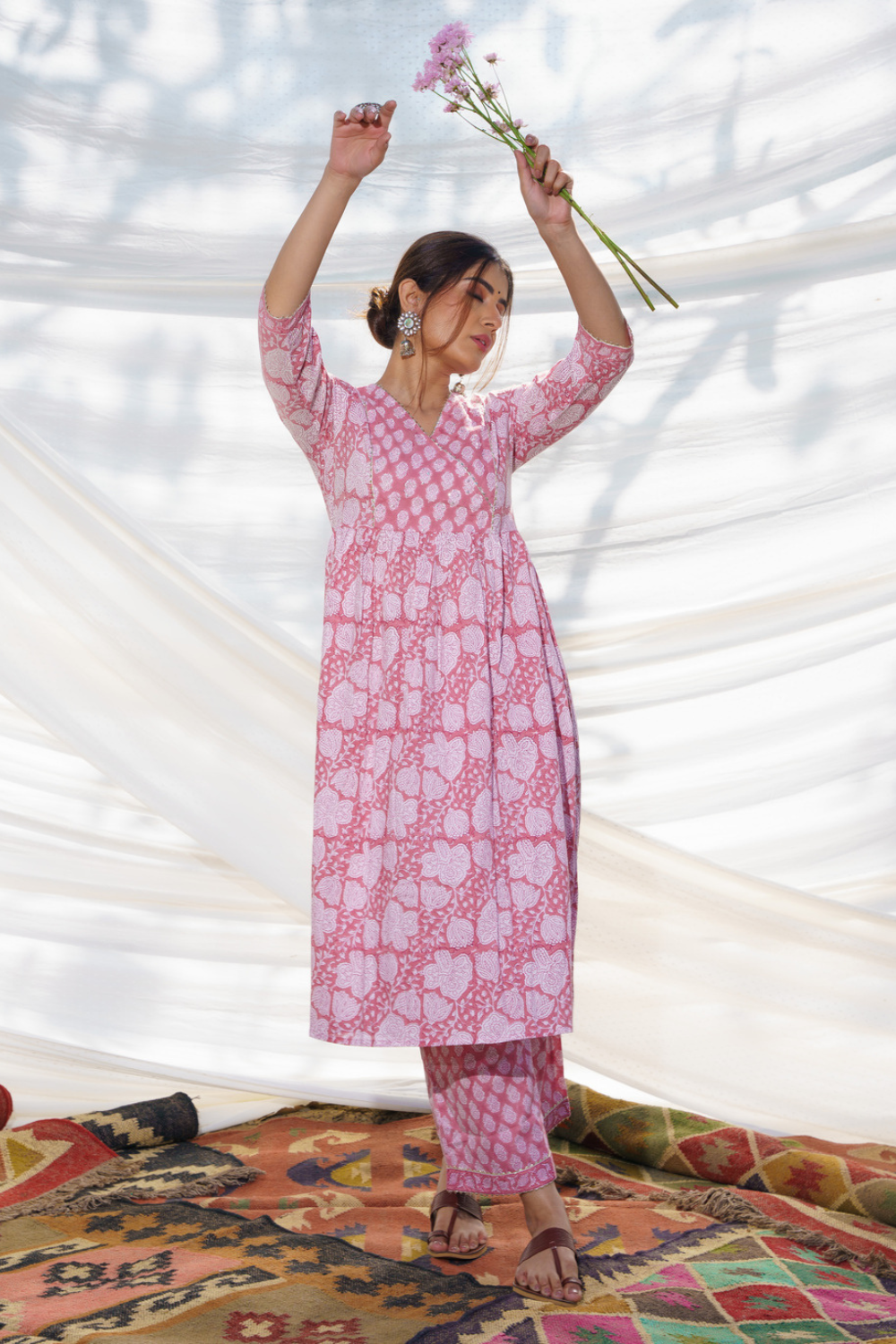 Nazakat Pink Cotton Block Print Kurta Set