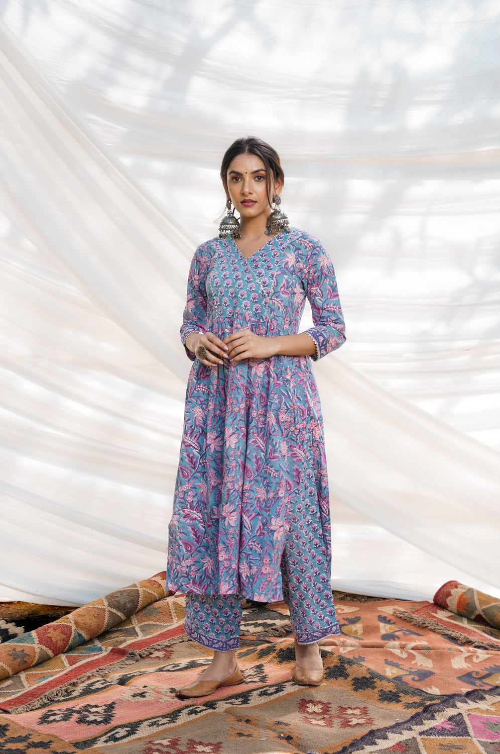 Nazakat Blue Cotton Block Print Kurta Set